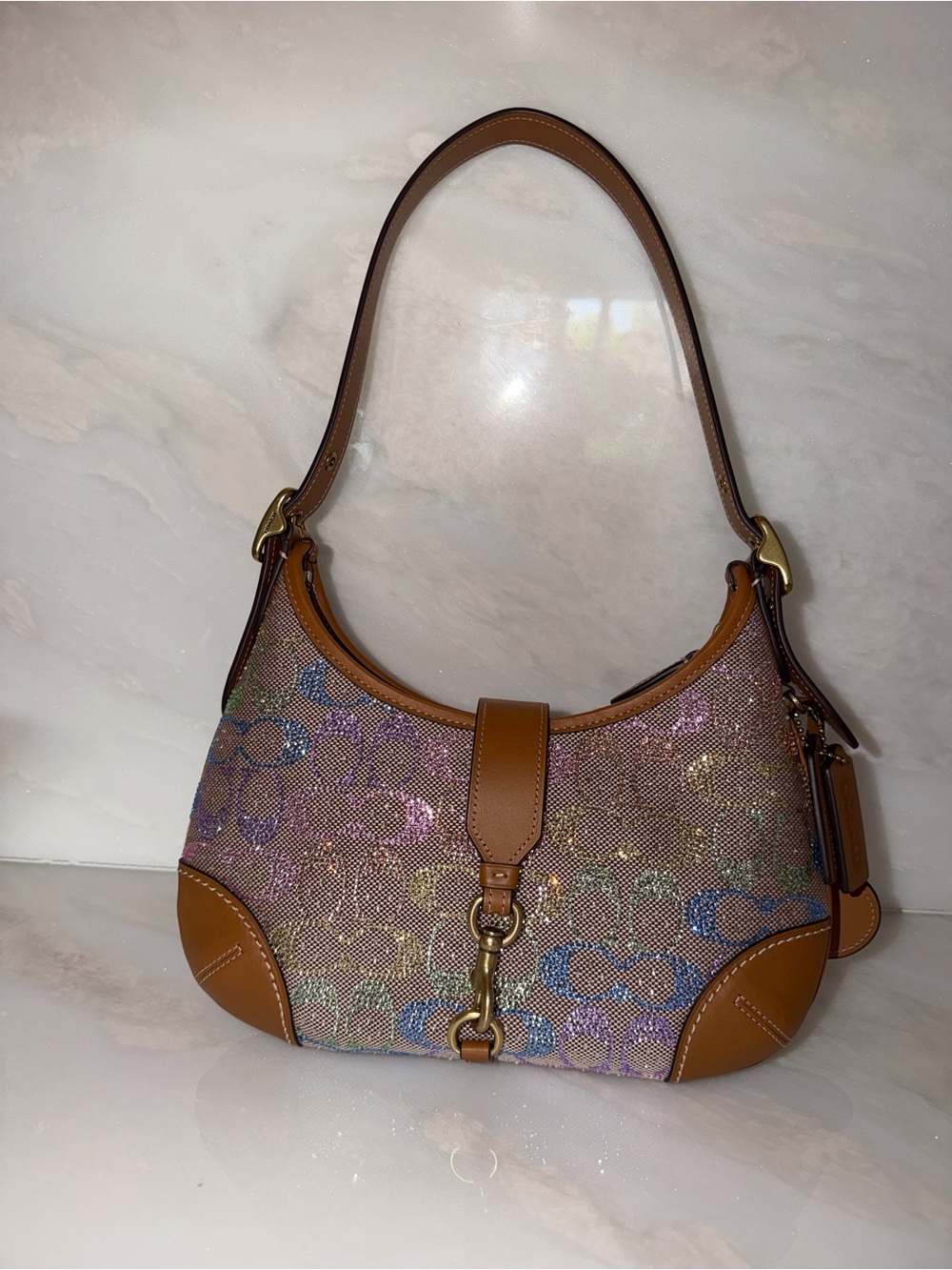 Coach Multicolor Glitter Signature Shoulder Bag with Tan Leather Trim